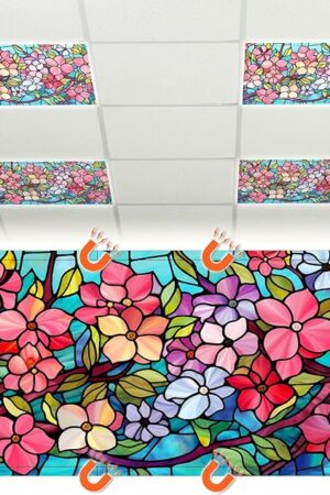 4 Pcs Fluorescent Light Covers 4 x 2 Feet Stained Glass Magnetic Light Cover for Ceiling Classroom with 10 Magnets Retro Floral Filter Reduce Glare for Office School Home(Lovely Style)