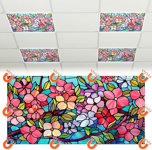 4 Pcs Fluorescent Light Covers 4 x 2 Feet Stained Glass Magnetic Light Cover for Ceiling Classroom with 10 Magnets Retro Floral Filter Reduce Glare for Office School Home(Lovely Style)