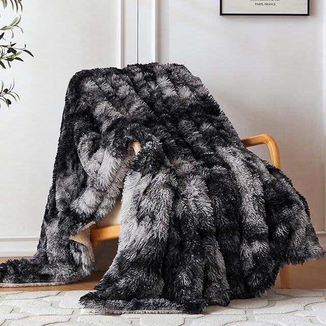 COOVA Ultra Soft Faux Fur Throw Blanket – Fuzzy Fluffy Cozy Microfiber Blankets, Warm Thick Plush Sherpa Fleece Throw Blanket for Couch,Bed,Sofa,Ideal Gift for Women.(Tie Dye Black, 50"x60")