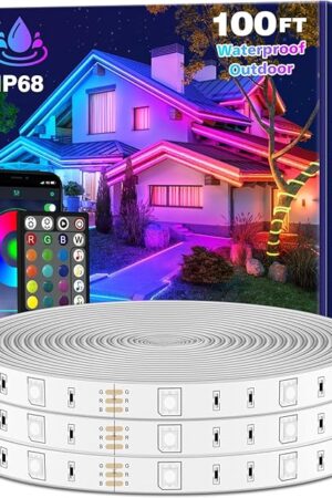 100Ft Outdoor LED Strip Lights Waterproof,Music Sync RGB IP68 Outside Led Light Strips Waterproofs with App and Remote,Exterior Led Rope Lights Waterproof for Deck,Balcony,Roof,Garden,Pool