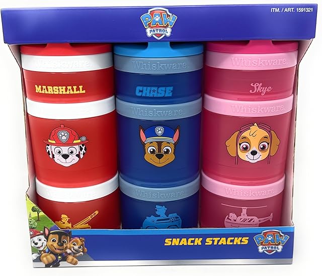 Whiskware Stackable Snack Containers for Kids and Toddlers, 3 partable snacking made easy for School and Travel, nickelodeon paw patrol