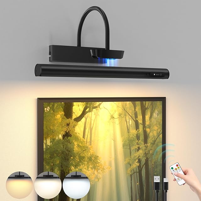 Bridika Picture Light Battery Operated, 13.8in Picture Lights for Wall, 3 Colors & Brightness Dimmable, Rechargeable Art Light for Paintings Photo Dartboard Gallery Bedroom Bathroom Black