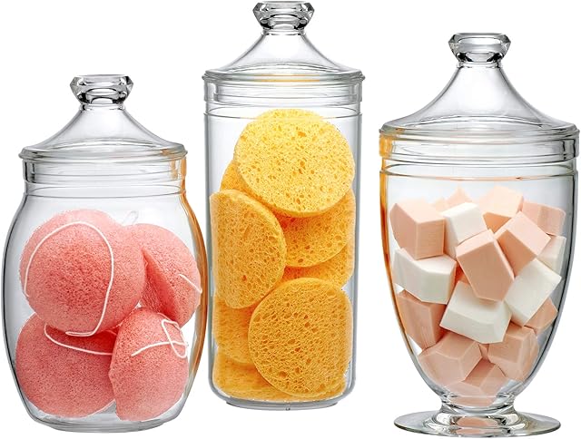 Amazing Abby - Adore - Plastic Apothecary Jars (3-Piece Set, 52/46/46 oz), Acrylic Jars with Lids, Bathroom Canisters, Candy Buffet, Wedding Display, BPA-Free and Shatter-Proof (NOT Glass)