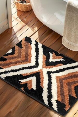 Black Boho Small Bathroom Rugs Non Slip Washable Western Aztec Bath Mats Rugs for Bathroom Floor Fluffy Plush Soft Absorbent Farmhouse Carpet for Shower, 18x24 inch, Brown