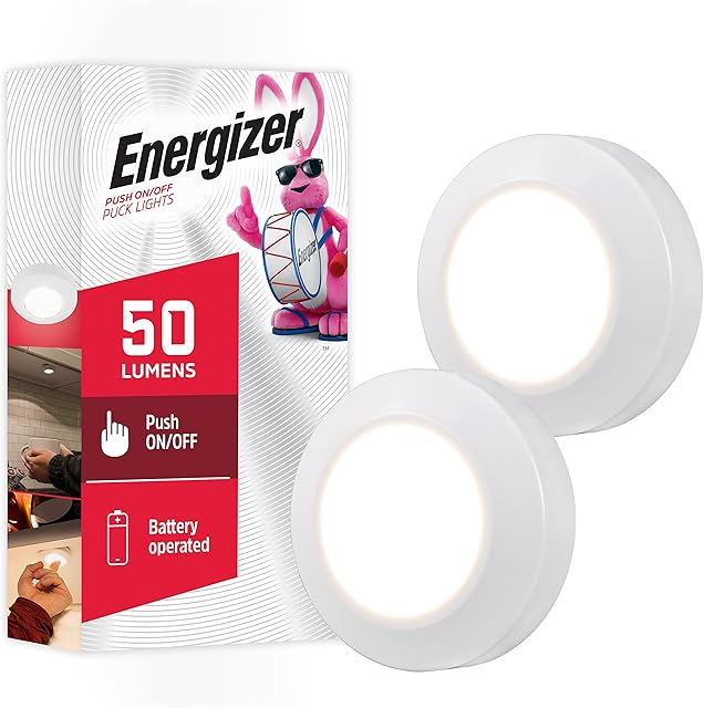 Energizer LED Puck Lights, 2 Pack, Battery Operated, Push Light, Wireless Lights, 50 Lumens, Tap Light, Stick On Lights, White, Perfect for Under Cabinet, Closets, Pantry, and More, 46009