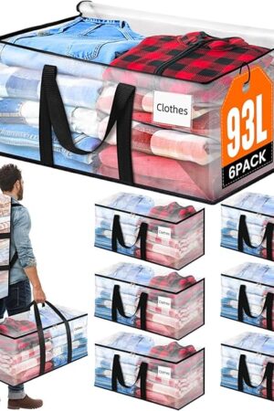 BlissTotes 6-Pack Large Moving Bags with Backpack Straps & Strong Zippers, Heavy-Duty Storage Bags Moving Boxes for Space Saving, Dorms, Transport, 93L-25 Gallons, Clear