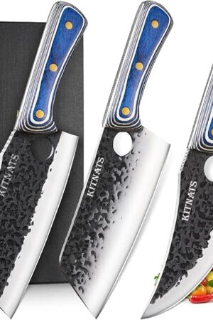 3PCS Butcher Knife Set, Hand Forged kitchen Knife Set-Heavy Duty Bone Chopper & Meat Cleaver & Viking Chef Knife Set for Home, Outdoor Cooking, Camping BBQ