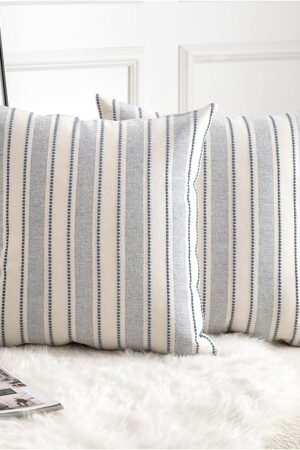 Decorative Boho Throw Pillow Covers, Farmhouse Textured Pillow Case, 18 x 18 Inch Set of 2, Chair Sofa Bedroom Living Room Home Decor Couch Cushion Case, Classic Blue and Beige Striped