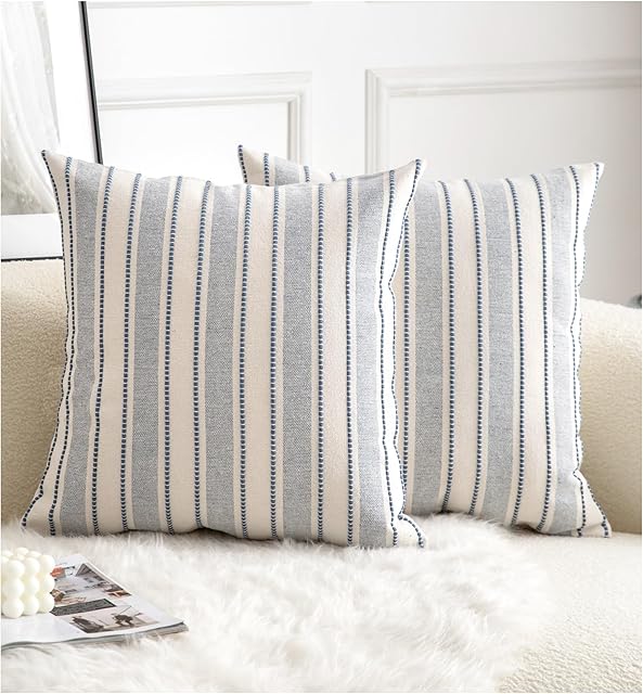 Decorative Boho Throw Pillow Covers, Farmhouse Textured Pillow Case, 18 x 18 Inch Set of 2, Chair Sofa Bedroom Living Room Home Decor Couch Cushion Case, Classic Blue and Beige Striped