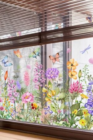 Colorful Floral Bouquet Window Sticker, Flower Window Clings, Reusable, Removable, Double-Sided, for Home Office Decor (C)