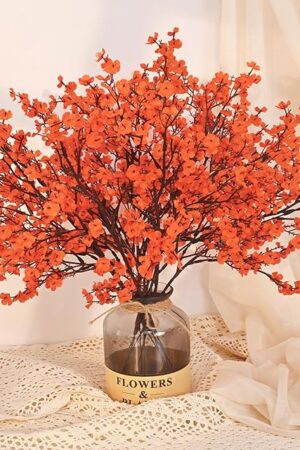 Yastouay Fake Fall Flowers Real Touch Silk Flowers, 5Pcs Fall Orange Artificial Flowers for Decorations, Babys Breath Artificial Flowers Bulk for Thanksgiving Fall Decor Floral Arrangement