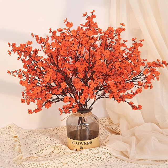 Yastouay Fake Fall Flowers Real Touch Silk Flowers, 5Pcs Fall Orange Artificial Flowers for Decorations, Babys Breath Artificial Flowers Bulk for Thanksgiving Fall Decor Floral Arrangement