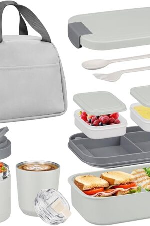 Bento Lunch Box Set with 10.5oz Soup Thermo Food Jar for Adults Kids, Stainless Steel Leak-proof Lunch Container with 4 Compartment, Coffee Tumbler with Lunch Bag for School Travel Office-Grey