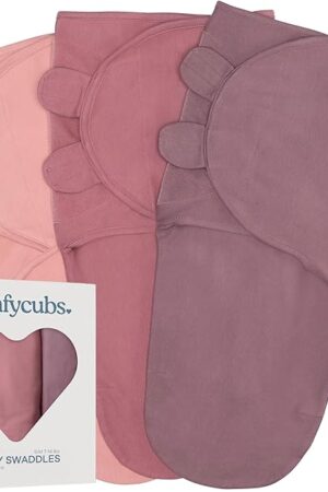 Comfy Cubs Easy Swaddle Blanket, 3 Pack - 100% Cotton Newborn Wrap, Small for 0-3 Months Infants, with Adjustable Velcro, Breathable and Durable Sleep Sack for Babies - Blush, Mauve & Mulberry