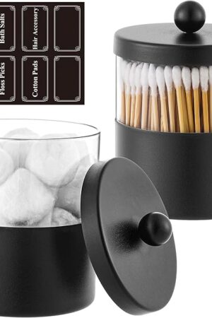 Black Apothecary Jars, Black Qtip Holder - Stainless Steel Bathroom Jar with Stickers - Farmhouse Decor Qtip Dispenser for Qtips, Cotton Balls, Swabs, Makeup Sponges (2-Pack)