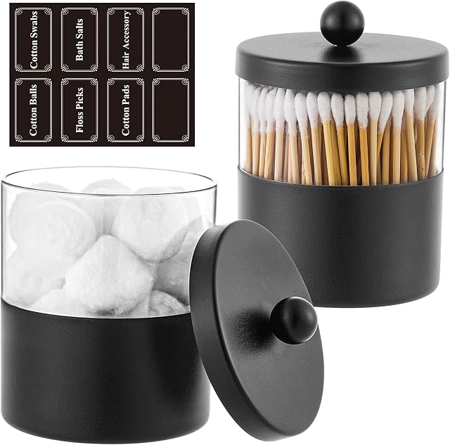 Black Apothecary Jars, Black Qtip Holder - Stainless Steel Bathroom Jar with Stickers - Farmhouse Decor Qtip Dispenser for Qtips, Cotton Balls, Swabs, Makeup Sponges (2-Pack)