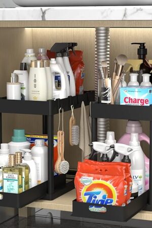 2PC Under Sink Organizer Rack 2 Tier Under Sliding Cabinet Basket Organizer Drawer with 4 Hooks, Multi-purpose Under Sink Storage for Bathroom Kitchen Desktop（Black）