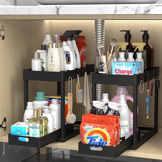 2PC Under Sink Organizer Rack 2 Tier Under Sliding Cabinet Basket Organizer Drawer with 4 Hooks, Multi-purpose Under Sink Storage for Bathroom Kitchen Desktop(Black)