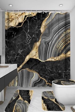 beifivcl 4Pcs Marble Shower Curtain Sets, Bathroom Decor Sets, Luxury with 12 Hooks, Bath Mat, Toilet Lid Rug and Non-Slip U Shape Mat Accessories, 72 x 72 Inch, Black
