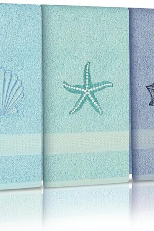 3 Pcs Coastal Hand Towels Ocean Decorative Bathroom Towels Decors Beach Hand Towel Embroidered Towel Decorative Set 100% Cotton Soft Absorbent Towels for Bathroom Decors