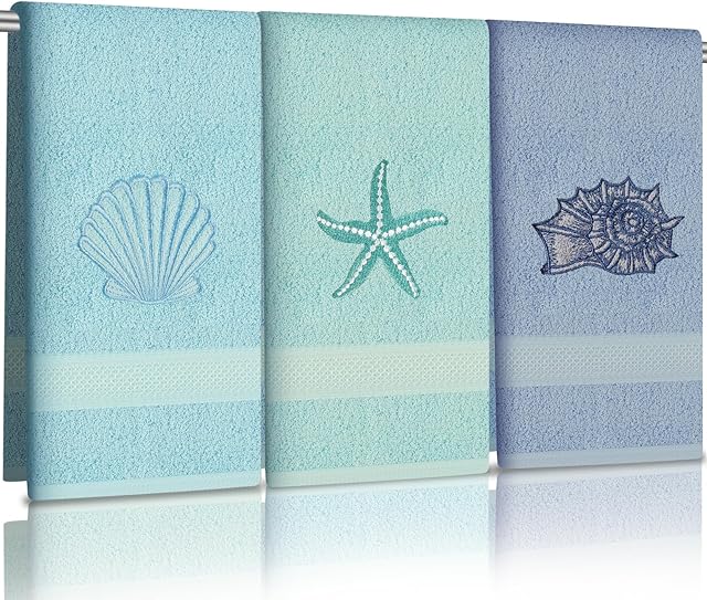 3 Pcs Coastal Hand Towels Ocean Decorative Bathroom Towels Decors Beach Hand Towel Embroidered Towel Decorative Set 100% Cotton Soft Absorbent Towels for Bathroom Decors