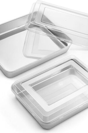 9¾ x 12½ x 2 Inch Baking Pan with Lid, 2 Pack Stainless Steel Lasagna Rectangular Cake Pan, Non Toxic & Dishwasher Safe