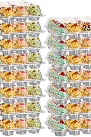 (12 Pack x 25 Sets) Stackable Cupcake Carrier with 300 Pack Cupcake Liners, Plastic Cupcake Boxes Holders for 12 Cupcakes, Cupcake Containers, Clear Disposable Cupcake Trays