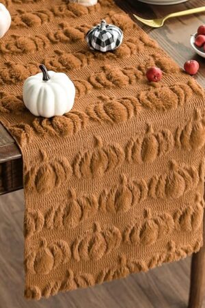 Artoid Mode Caramel Soft Plush Faux Fur Jacquard Pumpkins Fall Table Runner, Seasonal Autumn Kitchen Dining Table Decoration for Home Party Decor 13x72 Inch