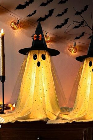 AYGXU 2pcs Halloween Decorations Indoor,Ghost Decor with String Lights Remote Control,Halloween Party Decorations,Spooky Ghost Light for Home Table Room Kitchen Office