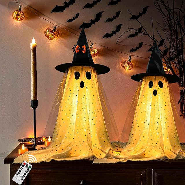 AYGXU 2pcs Halloween Decorations Indoor,Ghost Decor with String Lights Remote Control,Halloween Party Decorations,Spooky Ghost Light for Home Table Room Kitchen Office