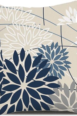Blue and Gray Floral Pillow Covers 18x18 Set of 2 Outdoor Waterproof White Colored Decorative Throw Pillows Summer Pillowcase Polyester Cushion Case Decor for Couch Patio Funiture Garden Porch 01B18