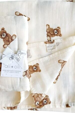 Ali+Oli Muslin Swaddle Blanket for Baby (Teddy Bear) Large 47" x 47" Soft Rayon Made from Bamboo & Organic Cotton, Machine Washable Receiving Blanket Wrap for Newborn to Toddler