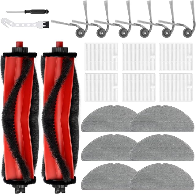 22Pcs Replacement Parts Accessories for Roborock Q7 M5/ M5+ Series Robot Vacuum Kit, 2 Main Brush, 6 Hepa Filter, 6 Mop Pads, 6 Side Brush, 1 Screwdriver, 1 Clean Tool