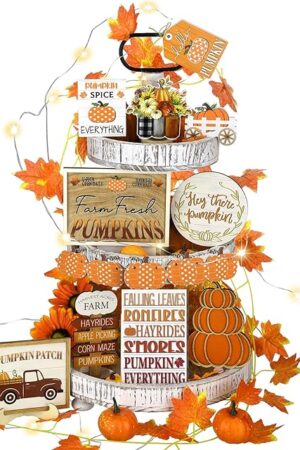14 Pcs Fall Tiered Tray Decor Fall Pumpkin Wooden Decorations Set Rustic Farmhouse Truck Spice Blocks Autumn Wooden Sign for Thanksgiving Fall Winter Halloween