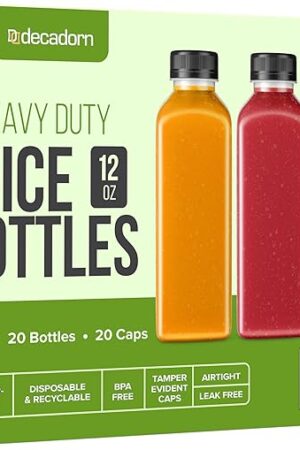 12oz 20pcs Juice Bottles With Caps - MADE IN USA Juice Containers With Lids For Fridge - Juicer Bottles With Tamper Evident Caps, Shatterproof, BPA-Free, Leak proof, Disposable & Recyclable