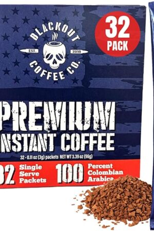 Blackout Coffee Colombian Arabica Instant Coffee, Strong Aromatic, Fresh Roasted in the USA, Premium Coffee Single Serve Packets, 32 Count