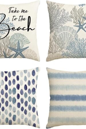 AVOIN colorlife Take Me to The Beach Summer Throw Pillow Covers, 18 x 18 Inch Blue Ocean Starfish Summer Cushion Case for Sofa Couch Set of 4
