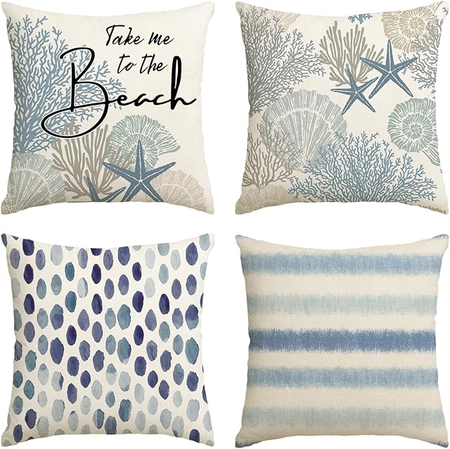 AVOIN colorlife Take Me to The Beach Summer Throw Pillow Covers, 18 x 18 Inch Blue Ocean Starfish Summer Cushion Case for Sofa Couch Set of 4