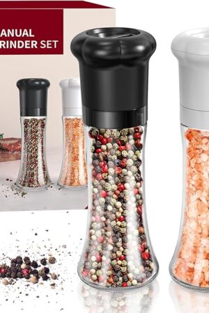CIRCLE JOY Manual Salt and Pepper Grinder Set For Professional Chef, Refillable Salt and Pepper Shakers with Ceramic Blades, Adjustable Coarseness and BPA-free 180ml Glass Container, Tall Black White