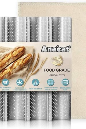 Anaeat Nonstick French Baguette Bread Pan with Thick Professional Proofing Cloth Dough Couche - Long Sourdough Bread Baking Pan Tray for Professional & Home Baker, Perforated Loaves Bake Mold Supplies