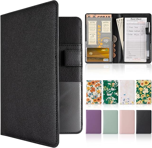 CoBak Server Book – Compact Organizer with Clear and Money Pockets, Pen Holder, Fits Apron Perfectly, Leather Waitress Book