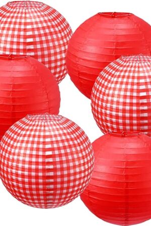 Blulu Picnic Decorations - Checkered Round Paper Lanterns for BBQ Pizza Party - Red and White Plaid, Pure Red (6 Pieces)
