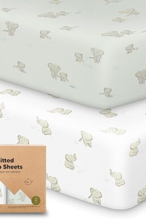 2-Pack Mini Crib Sheets Fitted - 38x26 Pack N Play Sheets for Pack and Play Mattress, Organic Cotton, Soft & Breathable Playard Bedding, Neutral Mini Toddler Bed Cover for Boys, Girls (Elly)