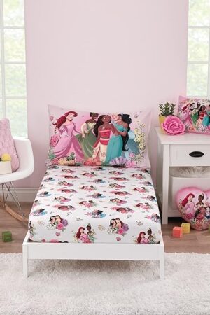 Disney Princesses Courage and Kindness Ariel, Tiana, Moana, Jasmine, Cinderella, Mulan, Belle, and Snow White 2 Piece Toddler Sheet Set - Fitted Bottom Sheet and Reversible Pillowcase
