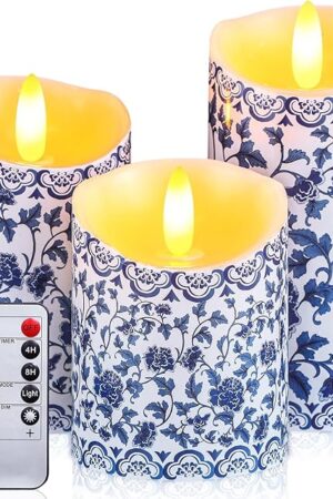 3 Pcs Chinoiserie Flameless Candles Blue and White Battery Operated Candles Blue White Floral Printed Faux Candles with Remote Timer for Wedding Garden Festive Home Party Decoration