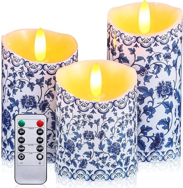 3 Pcs Chinoiserie Flameless Candles Blue and White Battery Operated Candles Blue White Floral Printed Faux Candles with Remote Timer for Wedding Garden Festive Home Party Decoration