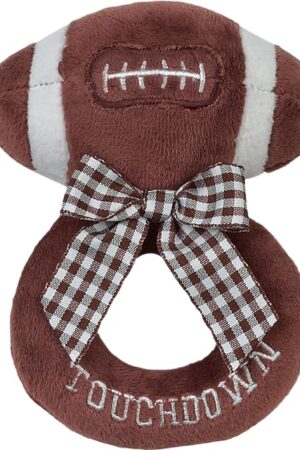 Bearington Baby Touchdown, 5.5 Inch Plush Stuffed Baby Football Soft Ring Rattle - Newborn Toys - Soft Rattle