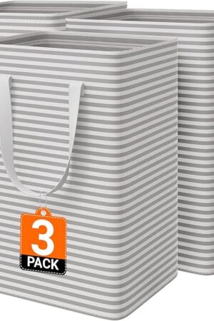 3 Pack Large Laundry Basket,Waterproof & Freestanding Laundry Hamper,Collapsible Clothes Hampers with Easy Carry Long & Reinforced Handles in Bathroom,College Dorm(75Lx3,Gray)