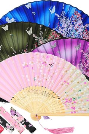 Zonon 4 Pack Handheld Floral Folding Fans Hand Held Silk Bamboo Fans with Tassel Women Hollowed Hand Foldable Fan with Fabric Sleeve for Dancing Wedding Decoration Gifts(Lively)