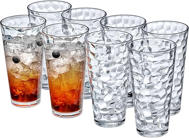 Amazing Abby Iceberg 24-Ounce Plastic Tumblers, Set of 8, Clear | Stackable | BPA-Free | Shatter-Proof | Dishwasher-Safe | High-Balls